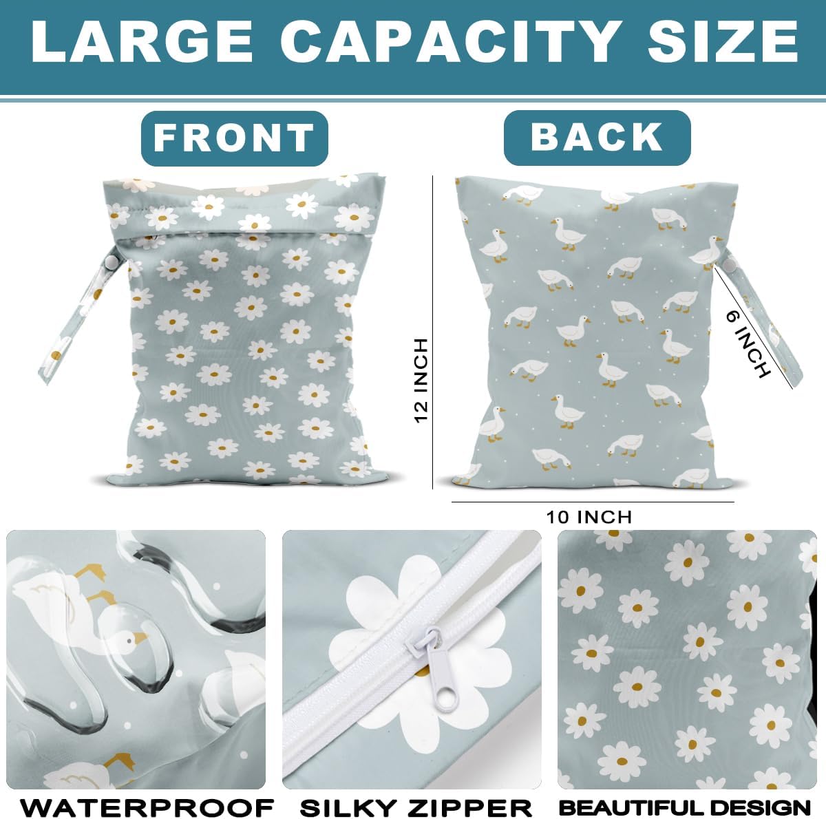 2Pcs Wet Bag, Wet Dry Bag Reusable with Zipper, Travel, Beach, Pool, Diapers, Baby Clothes, Dirty Yoga Gym Clothes,Toiletry, Hook to Stroller, Waterproof Wetdry Packing, Goose Decor (12x10 Inch)