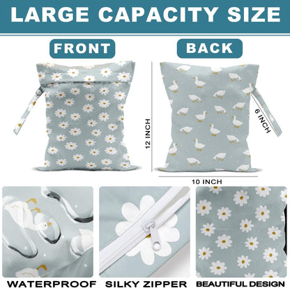 2Pcs Wet Bag, Wet Dry Bag Reusable with Zipper, Travel, Beach, Pool, Diapers, Baby Clothes, Dirty Yoga Gym Clothes,Toiletry, Hook to Stroller, Waterproof Wetdry Packing, Goose Decor (12x10 Inch)