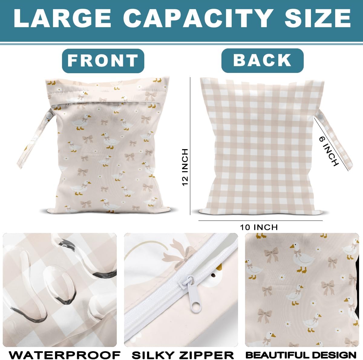 2Pcs Wet Bag, Wet Dry Bag Reusable with Zipper, Travel, Beach, Pool, Diapers, Baby Clothes, Dirty Yoga Gym Clothes,Toiletry, Hook to Stroller, Waterproof Wetdry Packing, Goose Decor (12x10 Inch)