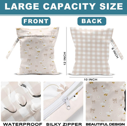 2Pcs Wet Bag, Wet Dry Bag Reusable with Zipper, Travel, Beach, Pool, Diapers, Baby Clothes, Dirty Yoga Gym Clothes,Toiletry, Hook to Stroller, Waterproof Wetdry Packing, Goose Decor (12x10 Inch)