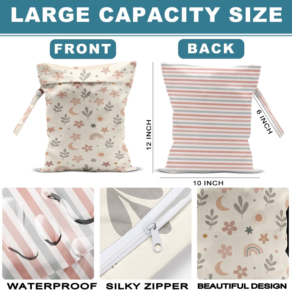 2Pcs Wet Bag, Wet Dry Bag Reusable with Zipper, Travel, Beach, Pool, Diapers, Baby Clothes, Dirty Yoga Gym Clothes,Toiletry, Hook to Stroller, Waterproof Wetdry Packing, Goose Decor (12x10 Inch)