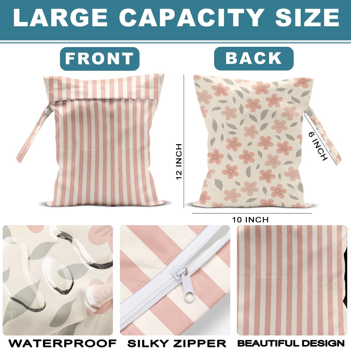 2Pcs Wet Bag, Wet Dry Bag Reusable with Zipper, Travel, Beach, Pool, Diapers, Baby Clothes, Dirty Yoga Gym Clothes,Toiletry, Hook to Stroller, Waterproof Wetdry Packing, Goose Decor (12x10 Inch)