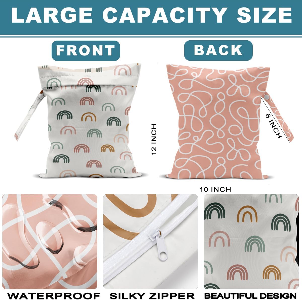 2Pcs Wet Bag, Wet Dry Bag Reusable with Zipper, Travel, Beach, Pool, Diapers, Baby Clothes, Dirty Yoga Gym Clothes,Toiletry, Hook to Stroller, Waterproof Wetdry Packing, Goose Decor (12x10 Inch)