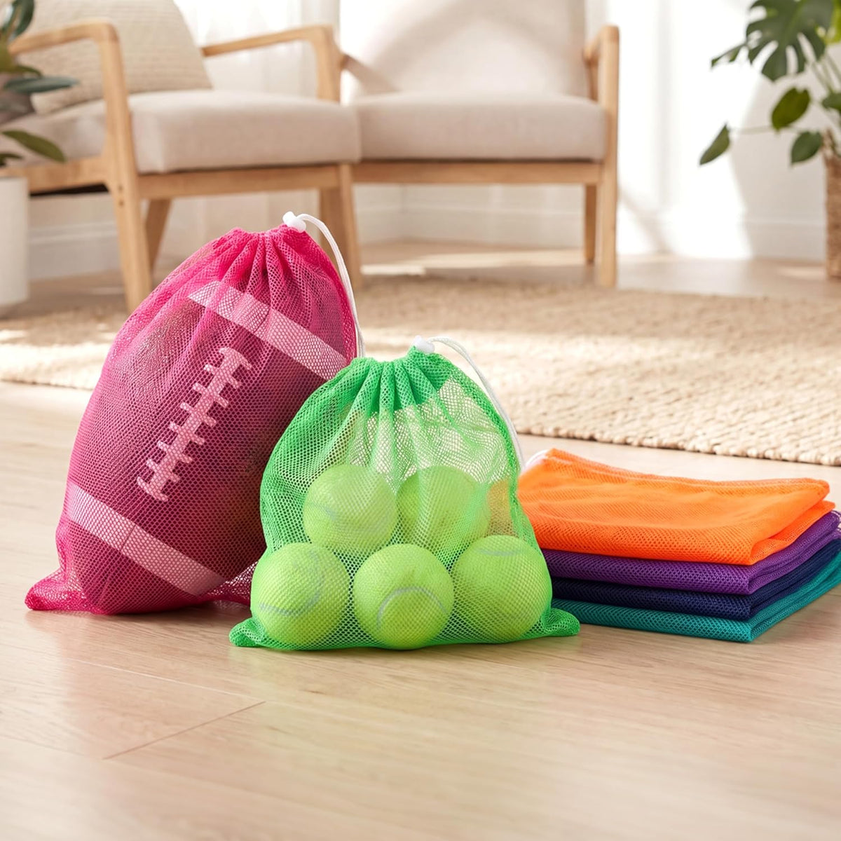 6pcs Mesh Bag Drawstring Mesh Laundry Bags, 11 x 15 Inch Durable Nylon for Pool Beach Ball Collecting Travel Gym Laundry and Toys(Multicolor)