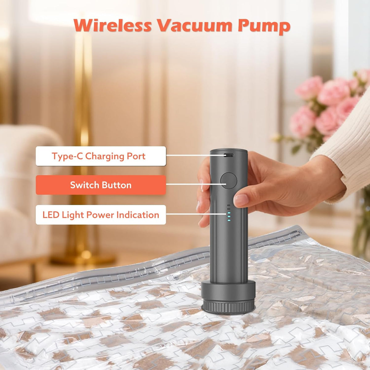 Travel Vacuum Bags with Wireless Charging Air Pump, 12 Pack Vacuum Seal Bags with 3 Sizes for Clothing Travel, Space Saver for Luggage, Business Trip, Home Storage