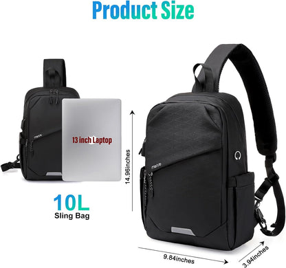 Sling Backpack Travel Hiking Daypack,Large Crossbody Sling Bag with USB Charging Port for Men Women 3 Layer Pockets One Shoulder Bag for Outdoor Sports Casual Commuting, Black