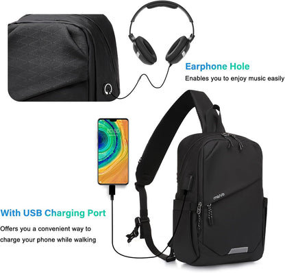 Sling Backpack Travel Hiking Daypack,Large Crossbody Sling Bag with USB Charging Port for Men Women 3 Layer Pockets One Shoulder Bag for Outdoor Sports Casual Commuting, Black
