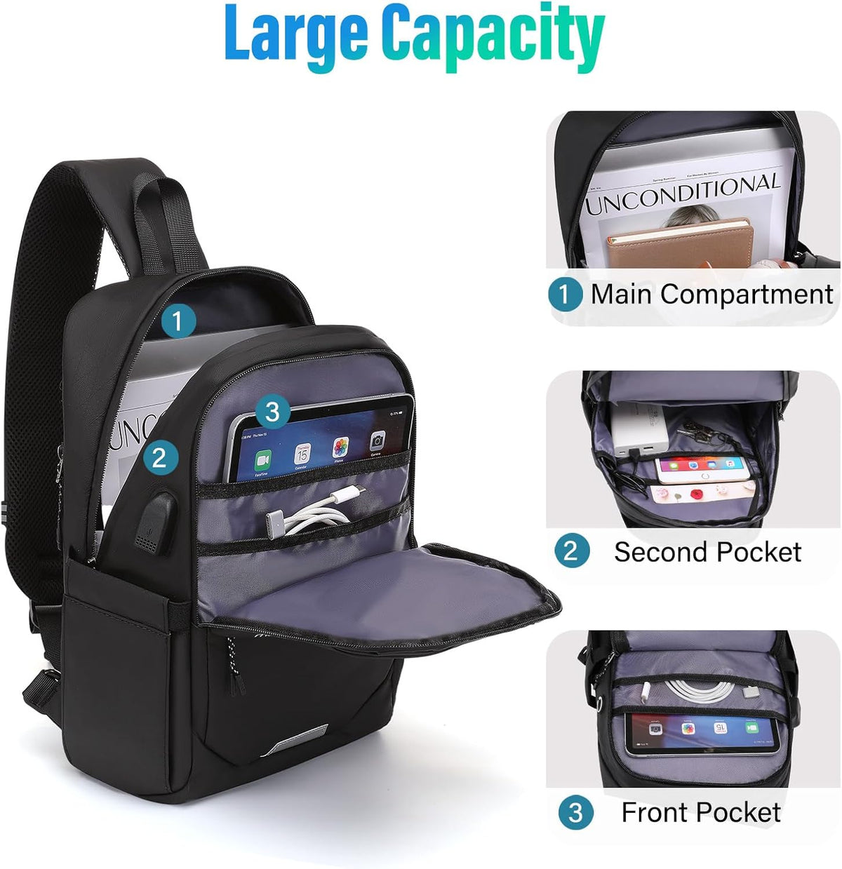 Sling Backpack Travel Hiking Daypack,Large Crossbody Sling Bag with USB Charging Port for Men Women 3 Layer Pockets One Shoulder Bag for Outdoor Sports Casual Commuting, Black