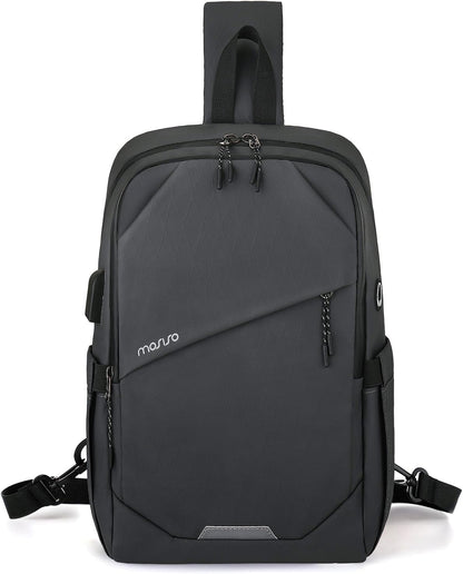 Sling Backpack Travel Hiking Daypack,Large Crossbody Sling Bag with USB Charging Port for Men Women 3 Layer Pockets One Shoulder Bag for Outdoor Sports Casual Commuting, Black