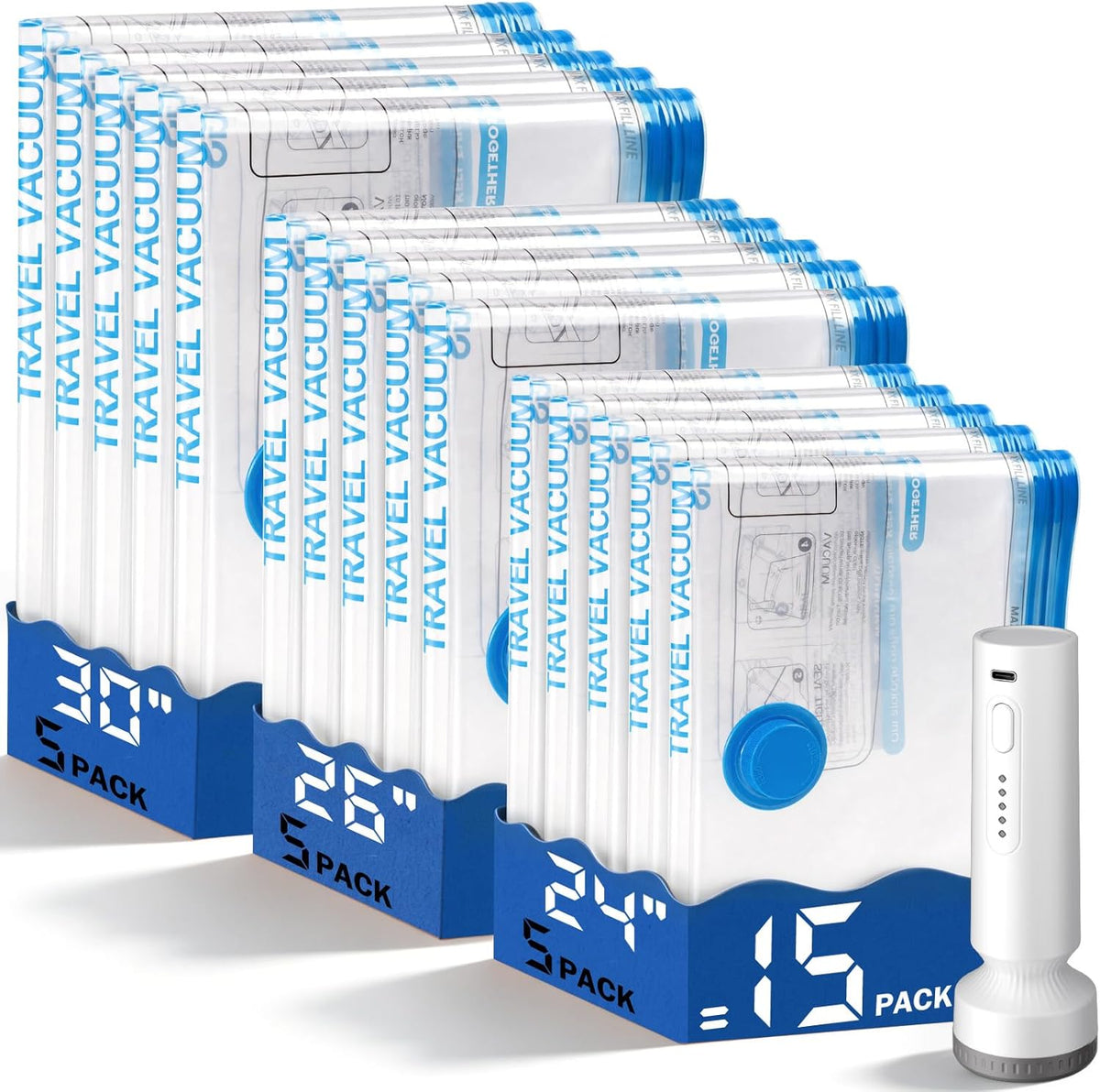 15 Pack Vacuum Storage Bags for Travel with Rechargeable Cordless Pump, Space Saver Bags for Clothes, Compression Packing Bags for Luggage and Suitcase,Blue