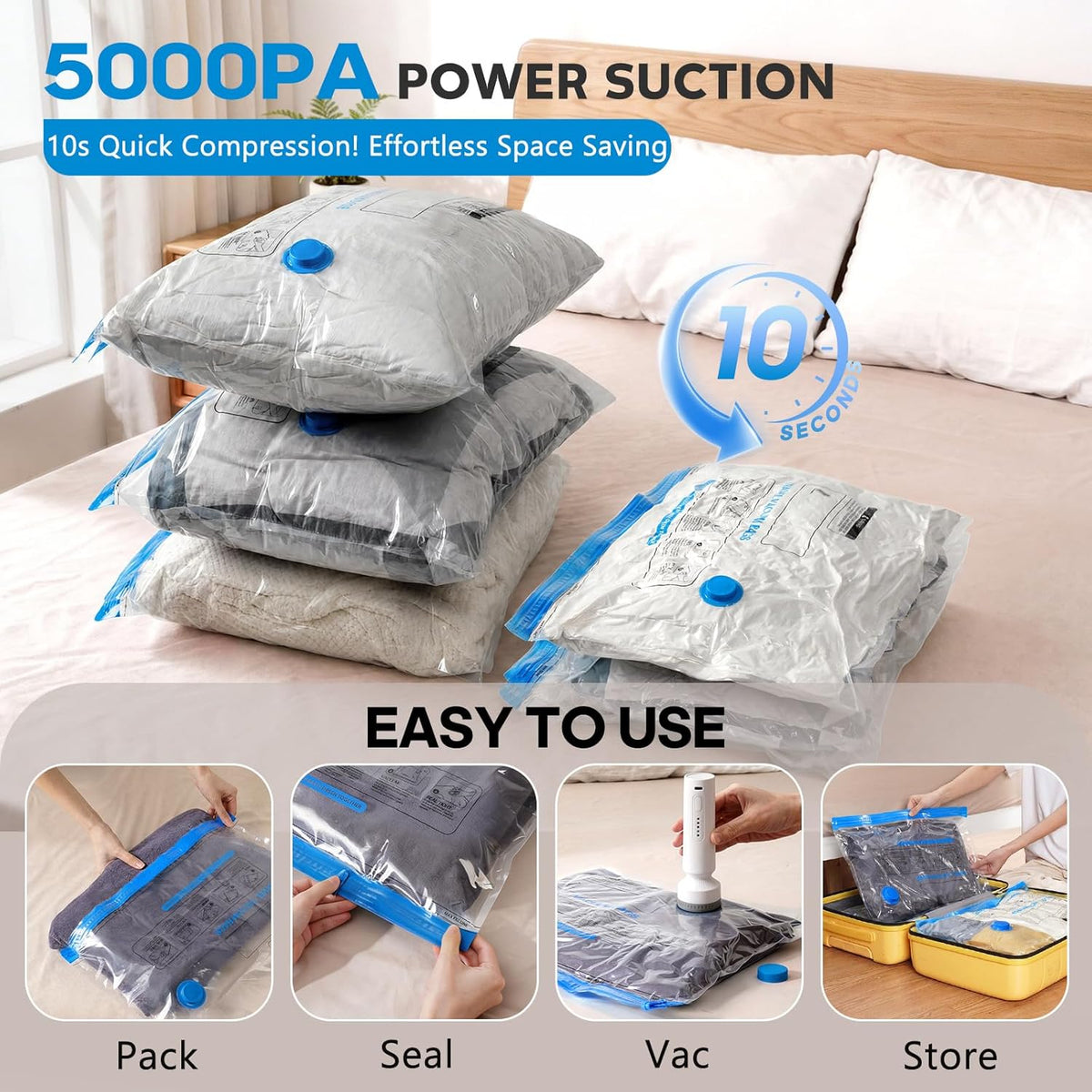 15 Pack Vacuum Storage Bags for Travel with Rechargeable Cordless Pump, Space Saver Bags for Clothes, Compression Packing Bags for Luggage and Suitcase,Blue