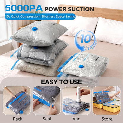 15 Pack Vacuum Storage Bags for Travel with Rechargeable Cordless Pump, Space Saver Bags for Clothes, Compression Packing Bags for Luggage and Suitcase,Blue