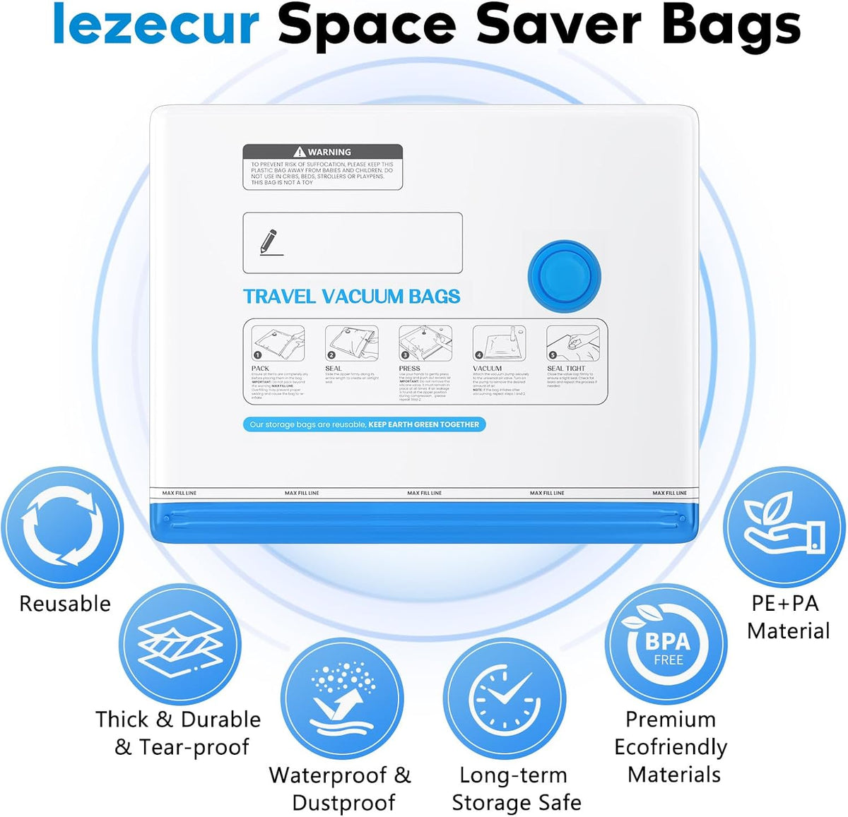 15 Pack Vacuum Storage Bags for Travel with Rechargeable Cordless Pump, Space Saver Bags for Clothes, Compression Packing Bags for Luggage and Suitcase,Blue