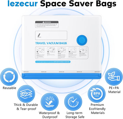 15 Pack Vacuum Storage Bags for Travel with Rechargeable Cordless Pump, Space Saver Bags for Clothes, Compression Packing Bags for Luggage and Suitcase,Blue