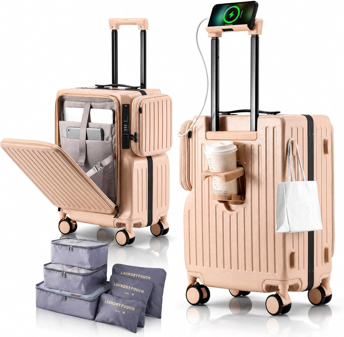 20 Inch Carry On Luggage with Cup Holder & USB Ports, Front Opening PC Hardshell Carry-on Suitcase with Wheels, TSA Approved Smart Suitcase 22x14x9 for Business Travel, Pink