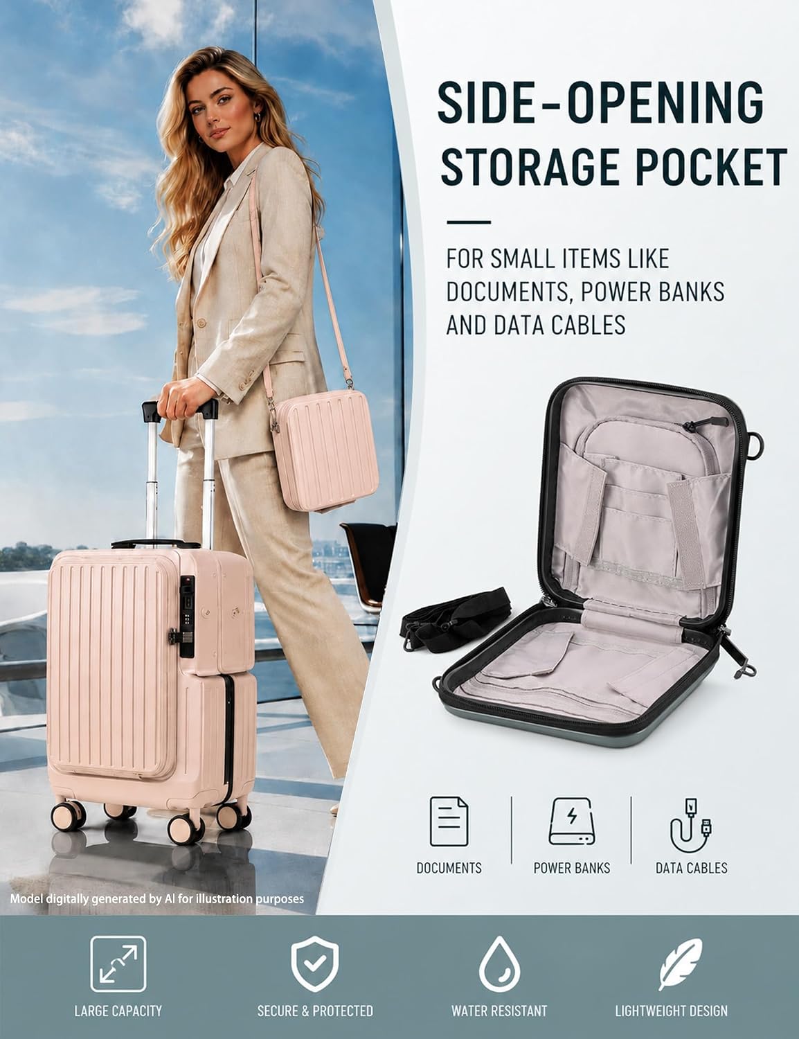 20 Inch Carry On Luggage with Cup Holder & USB Ports, Front Opening PC Hardshell Carry-on Suitcase with Wheels, TSA Approved Smart Suitcase 22x14x9 for Business Travel, Pink