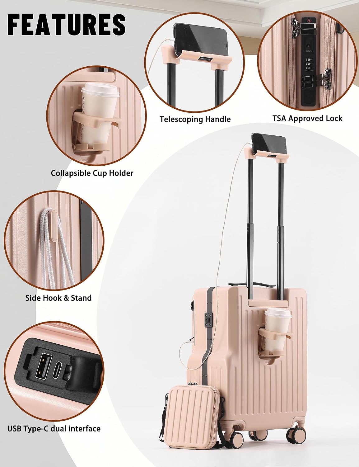 20 Inch Carry On Luggage with Cup Holder & USB Ports, Front Opening PC Hardshell Carry-on Suitcase with Wheels, TSA Approved Smart Suitcase 22x14x9 for Business Travel, Pink