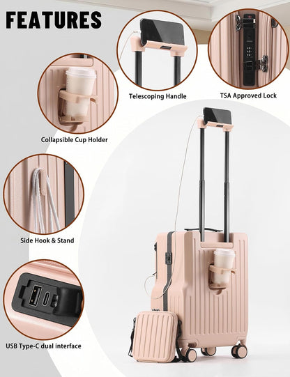 20 Inch Carry On Luggage with Cup Holder & USB Ports, Front Opening PC Hardshell Carry-on Suitcase with Wheels, TSA Approved Smart Suitcase 22x14x9 for Business Travel, Pink