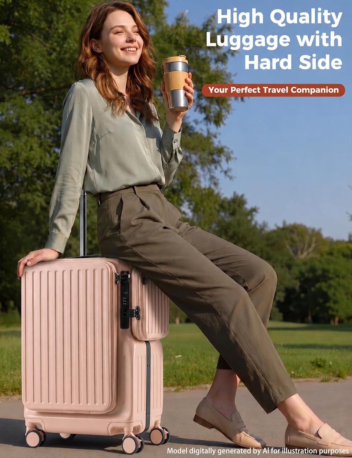 20 Inch Carry On Luggage with Cup Holder & USB Ports, Front Opening PC Hardshell Carry-on Suitcase with Wheels, TSA Approved Smart Suitcase 22x14x9 for Business Travel, Pink