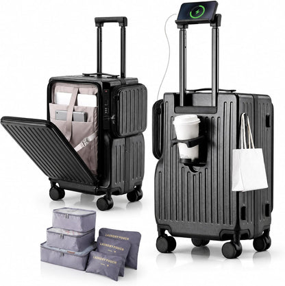 20 Inch Carry On Luggage with Cup Holder & USB Ports, Front Opening PC Hardshell Carry-on Suitcase with Wheels, TSA Approved Smart Suitcase 22x14x9 for Business Travel, Pink