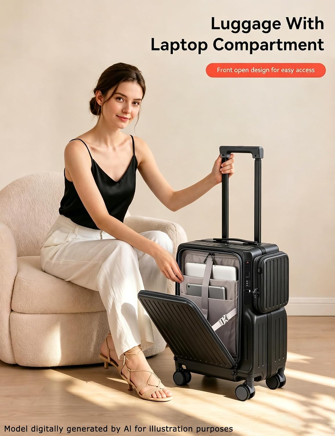 20 Inch Carry On Luggage with Cup Holder & USB Ports, Front Opening PC Hardshell Carry-on Suitcase with Wheels, TSA Approved Smart Suitcase 22x14x9 for Business Travel, Pink