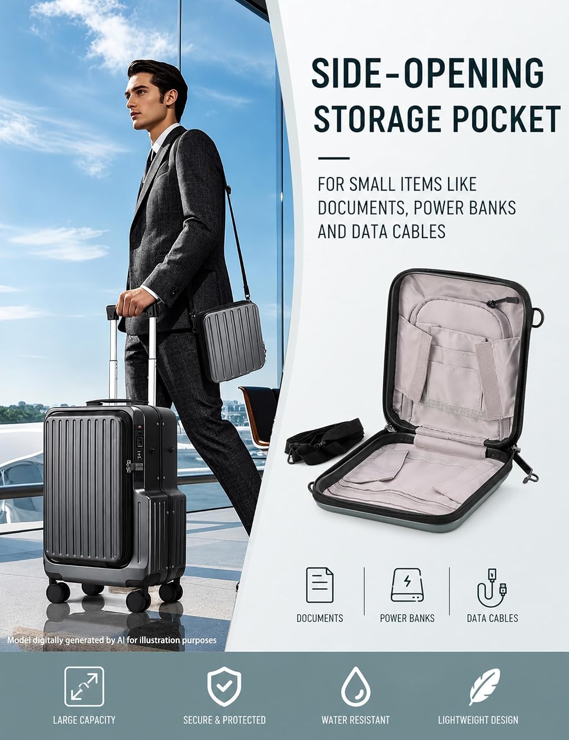 20 Inch Carry On Luggage with Cup Holder & USB Ports, Front Opening PC Hardshell Carry-on Suitcase with Wheels, TSA Approved Smart Suitcase 22x14x9 for Business Travel, Pink