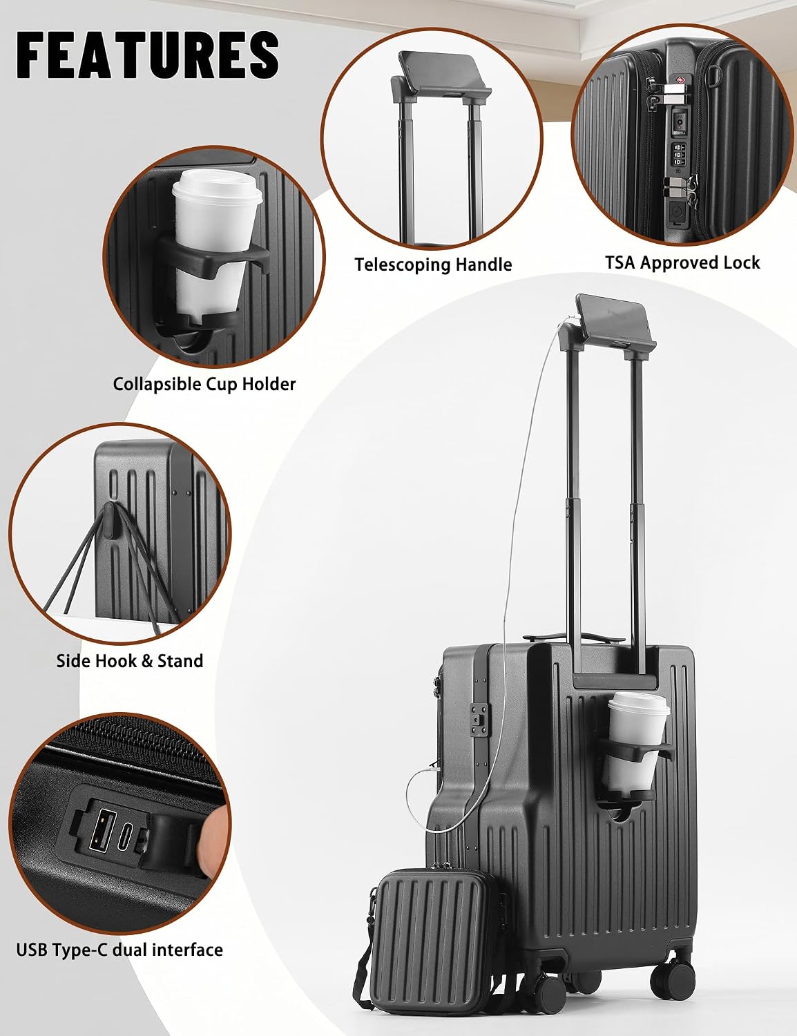 20 Inch Carry On Luggage with Cup Holder & USB Ports, Front Opening PC Hardshell Carry-on Suitcase with Wheels, TSA Approved Smart Suitcase 22x14x9 for Business Travel, Pink
