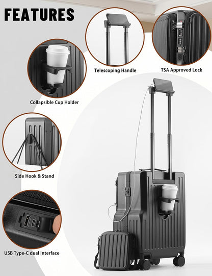 20 Inch Carry On Luggage with Cup Holder & USB Ports, Front Opening PC Hardshell Carry-on Suitcase with Wheels, TSA Approved Smart Suitcase 22x14x9 for Business Travel, Pink