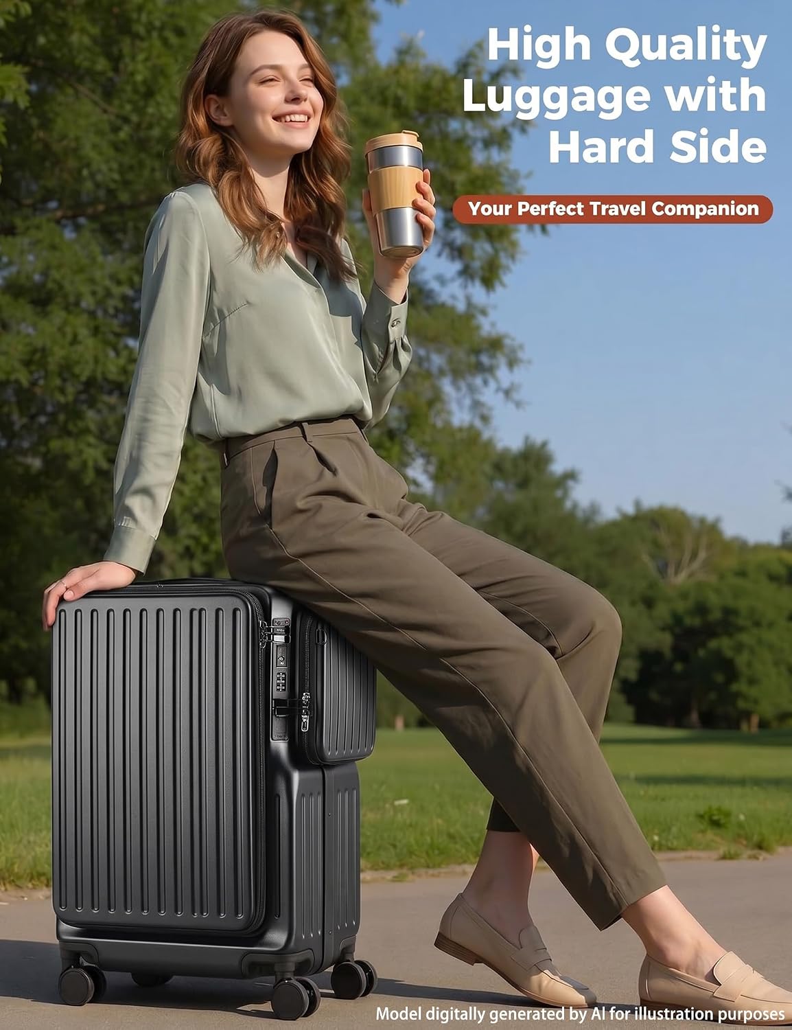 20 Inch Carry On Luggage with Cup Holder & USB Ports, Front Opening PC Hardshell Carry-on Suitcase with Wheels, TSA Approved Smart Suitcase 22x14x9 for Business Travel, Pink