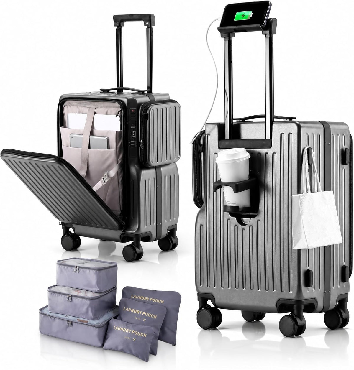 20 Inch Carry On Luggage with Cup Holder & USB Ports, Front Opening PC Hardshell Carry-on Suitcase with Wheels, TSA Approved Smart Suitcase 22x14x9 for Business Travel, Pink