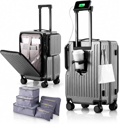 20 Inch Carry On Luggage with Cup Holder & USB Ports, Front Opening PC Hardshell Carry-on Suitcase with Wheels, TSA Approved Smart Suitcase 22x14x9 for Business Travel, Pink