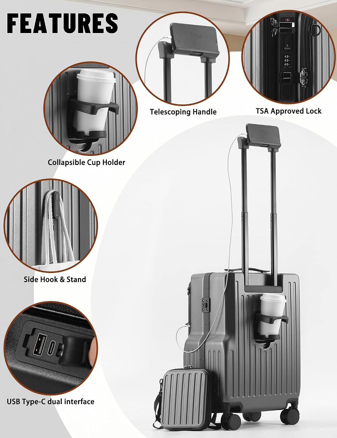 20 Inch Carry On Luggage with Cup Holder & USB Ports, Front Opening PC Hardshell Carry-on Suitcase with Wheels, TSA Approved Smart Suitcase 22x14x9 for Business Travel, Pink