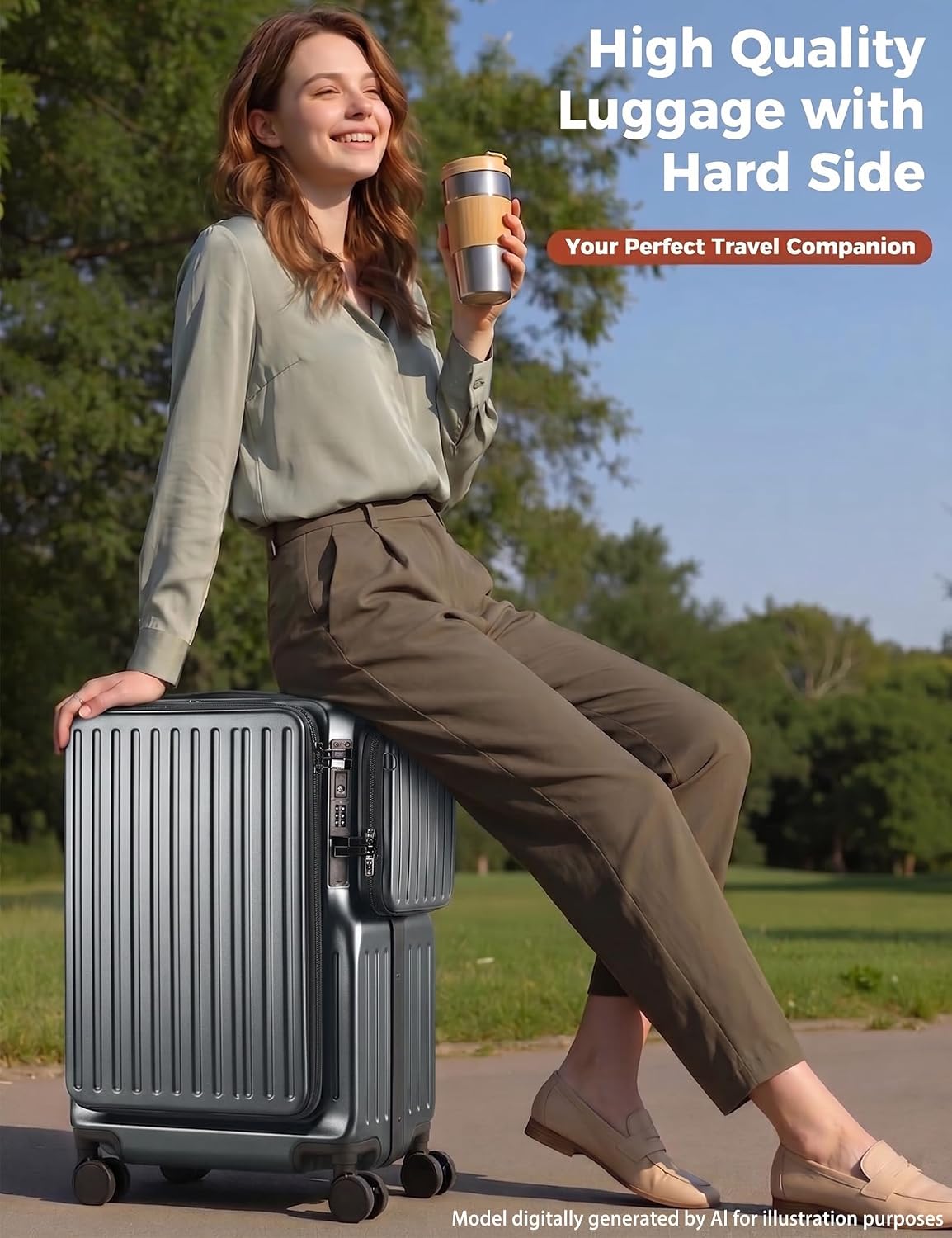 20 Inch Carry On Luggage with Cup Holder & USB Ports, Front Opening PC Hardshell Carry-on Suitcase with Wheels, TSA Approved Smart Suitcase 22x14x9 for Business Travel, Pink
