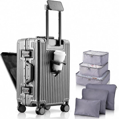 20 Inch Carry On Luggage with Cup Holder & USB Ports, Front Opening PC Hardshell Carry-on Suitcase with Wheels, TSA Approved Smart Suitcase 22x14x9 for Business Travel, Pink