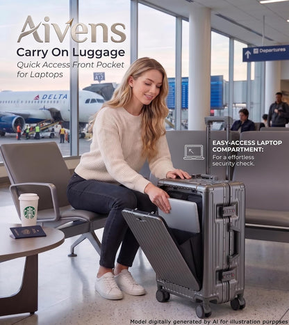 20 Inch Carry On Luggage with Cup Holder & USB Ports, Front Opening PC Hardshell Carry-on Suitcase with Wheels, TSA Approved Smart Suitcase 22x14x9 for Business Travel, Pink
