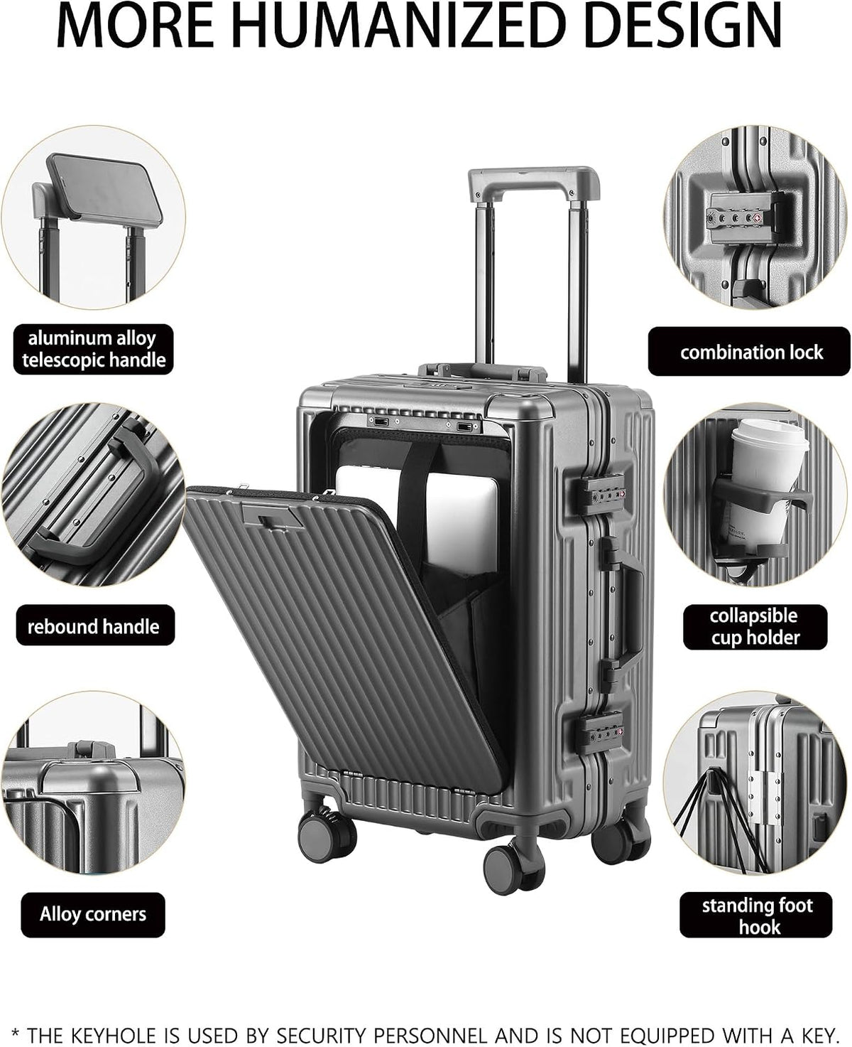 20 Inch Carry On Luggage with Cup Holder & USB Ports, Front Opening PC Hardshell Carry-on Suitcase with Wheels, TSA Approved Smart Suitcase 22x14x9 for Business Travel, Pink
