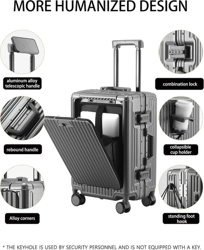 20 Inch Carry On Luggage with Cup Holder & USB Ports, Front Opening PC Hardshell Carry-on Suitcase with Wheels, TSA Approved Smart Suitcase 22x14x9 for Business Travel, Pink