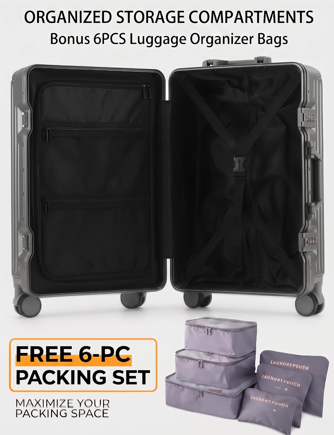 20 Inch Carry On Luggage with Cup Holder & USB Ports, Front Opening PC Hardshell Carry-on Suitcase with Wheels, TSA Approved Smart Suitcase 22x14x9 for Business Travel, Pink