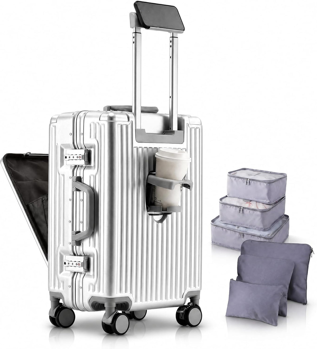 20 Inch Carry On Luggage with Cup Holder & USB Ports, Front Opening PC Hardshell Carry-on Suitcase with Wheels, TSA Approved Smart Suitcase 22x14x9 for Business Travel, Pink