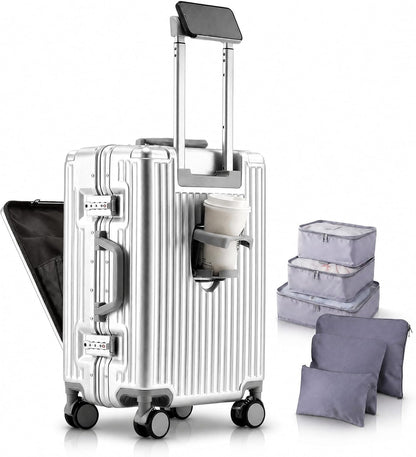20 Inch Carry On Luggage with Cup Holder & USB Ports, Front Opening PC Hardshell Carry-on Suitcase with Wheels, TSA Approved Smart Suitcase 22x14x9 for Business Travel, Pink