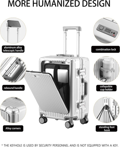 20 Inch Carry On Luggage with Cup Holder & USB Ports, Front Opening PC Hardshell Carry-on Suitcase with Wheels, TSA Approved Smart Suitcase 22x14x9 for Business Travel, Pink