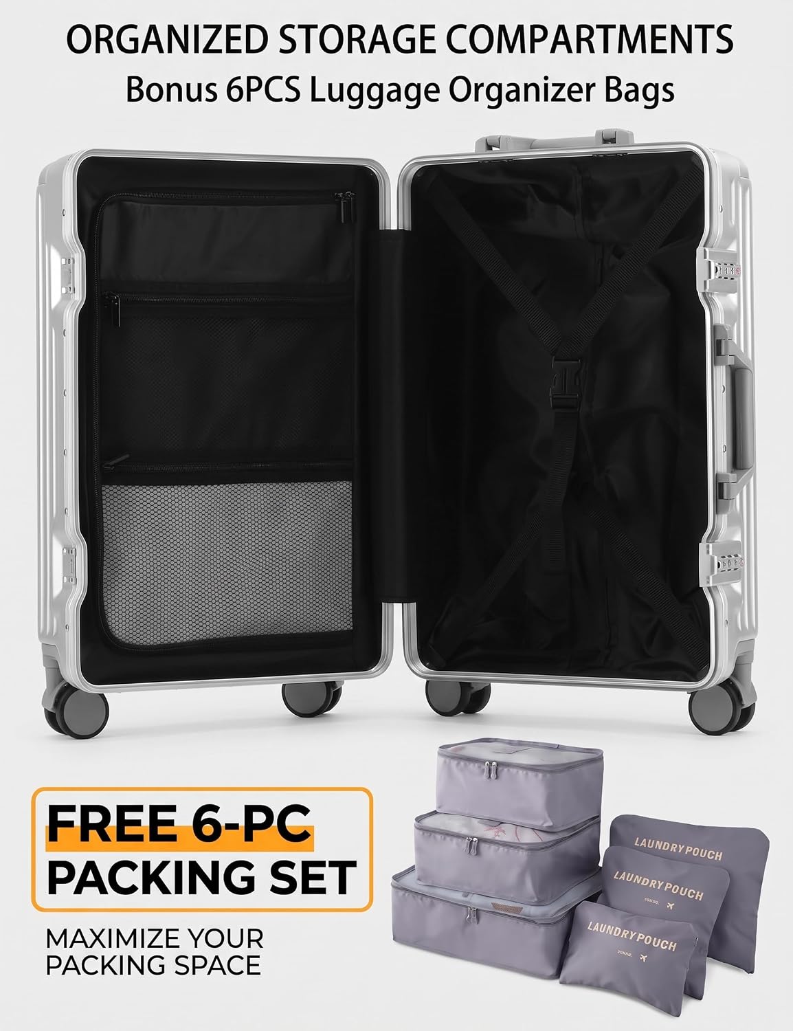 20 Inch Carry On Luggage with Cup Holder & USB Ports, Front Opening PC Hardshell Carry-on Suitcase with Wheels, TSA Approved Smart Suitcase 22x14x9 for Business Travel, Pink