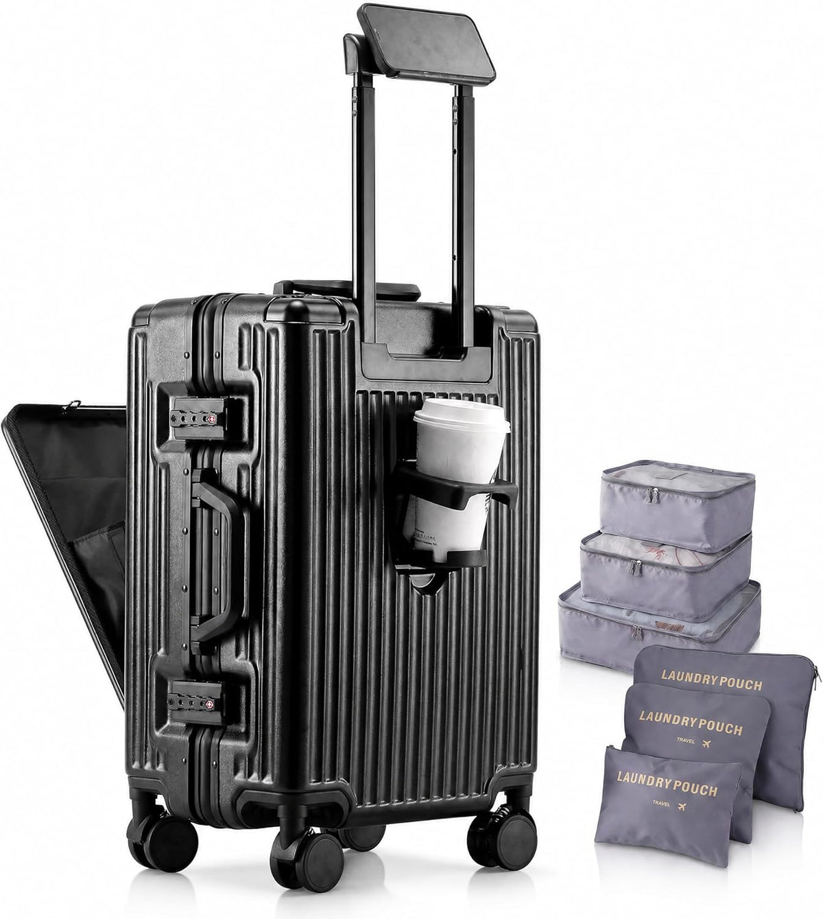 20 Inch Carry On Luggage with Cup Holder & USB Ports, Front Opening PC Hardshell Carry-on Suitcase with Wheels, TSA Approved Smart Suitcase 22x14x9 for Business Travel, Pink