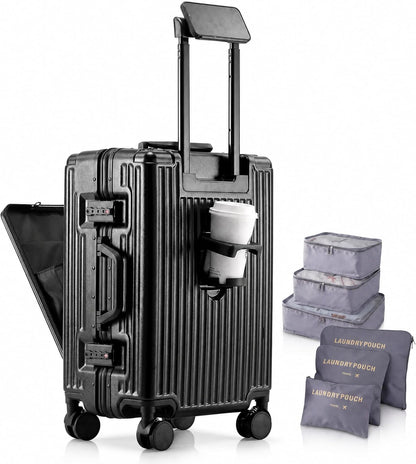 20 Inch Carry On Luggage with Cup Holder & USB Ports, Front Opening PC Hardshell Carry-on Suitcase with Wheels, TSA Approved Smart Suitcase 22x14x9 for Business Travel, Pink