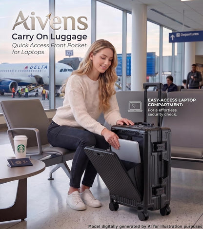 20 Inch Carry On Luggage with Cup Holder & USB Ports, Front Opening PC Hardshell Carry-on Suitcase with Wheels, TSA Approved Smart Suitcase 22x14x9 for Business Travel, Pink