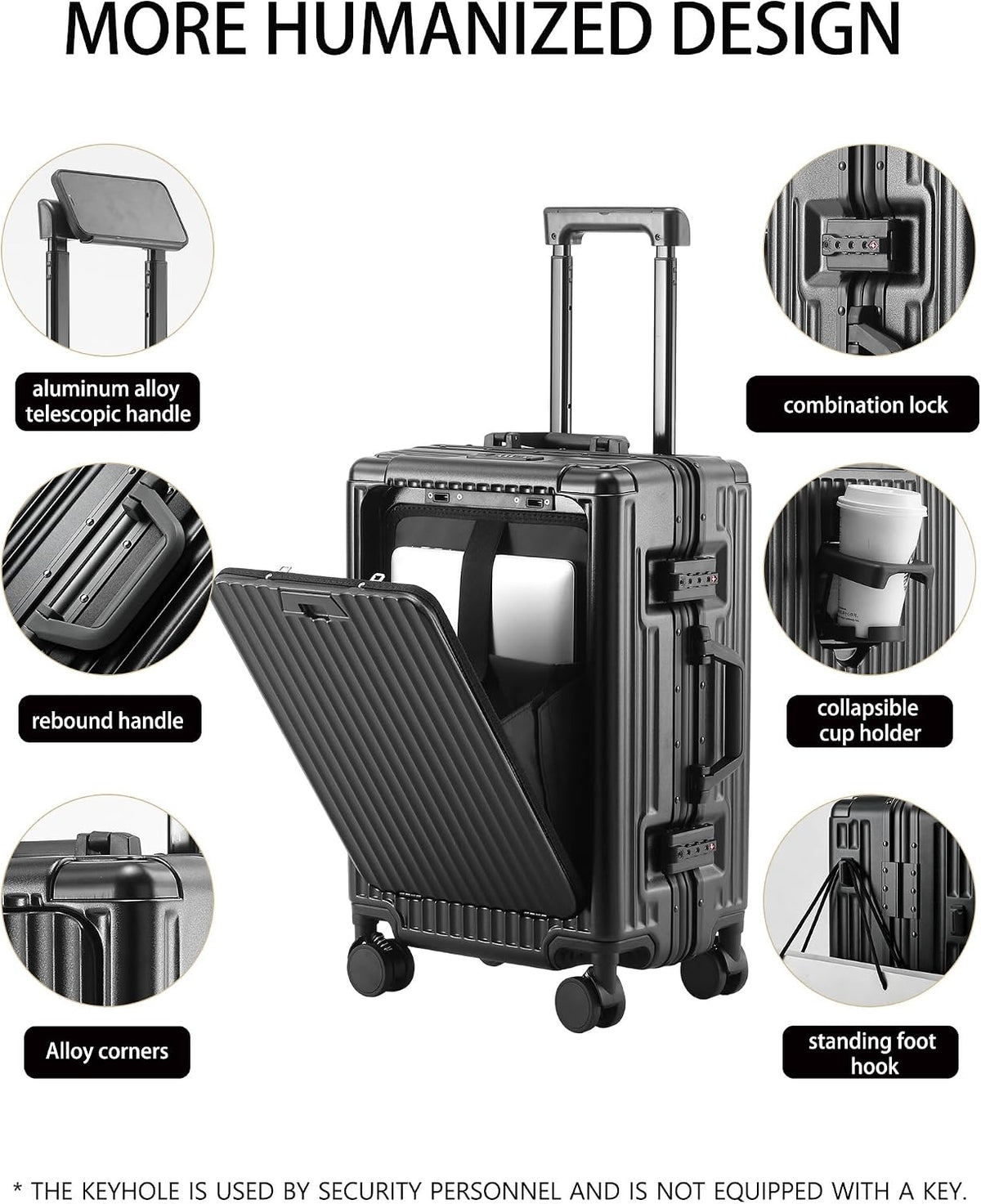 20 Inch Carry On Luggage with Cup Holder & USB Ports, Front Opening PC Hardshell Carry-on Suitcase with Wheels, TSA Approved Smart Suitcase 22x14x9 for Business Travel, Pink