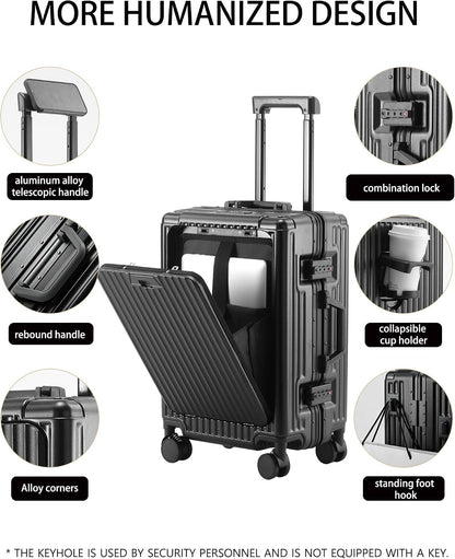 20 Inch Carry On Luggage with Cup Holder & USB Ports, Front Opening PC Hardshell Carry-on Suitcase with Wheels, TSA Approved Smart Suitcase 22x14x9 for Business Travel, Pink
