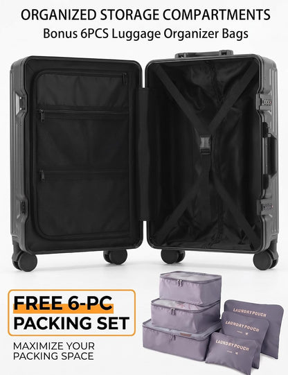 20 Inch Carry On Luggage with Cup Holder & USB Ports, Front Opening PC Hardshell Carry-on Suitcase with Wheels, TSA Approved Smart Suitcase 22x14x9 for Business Travel, Pink