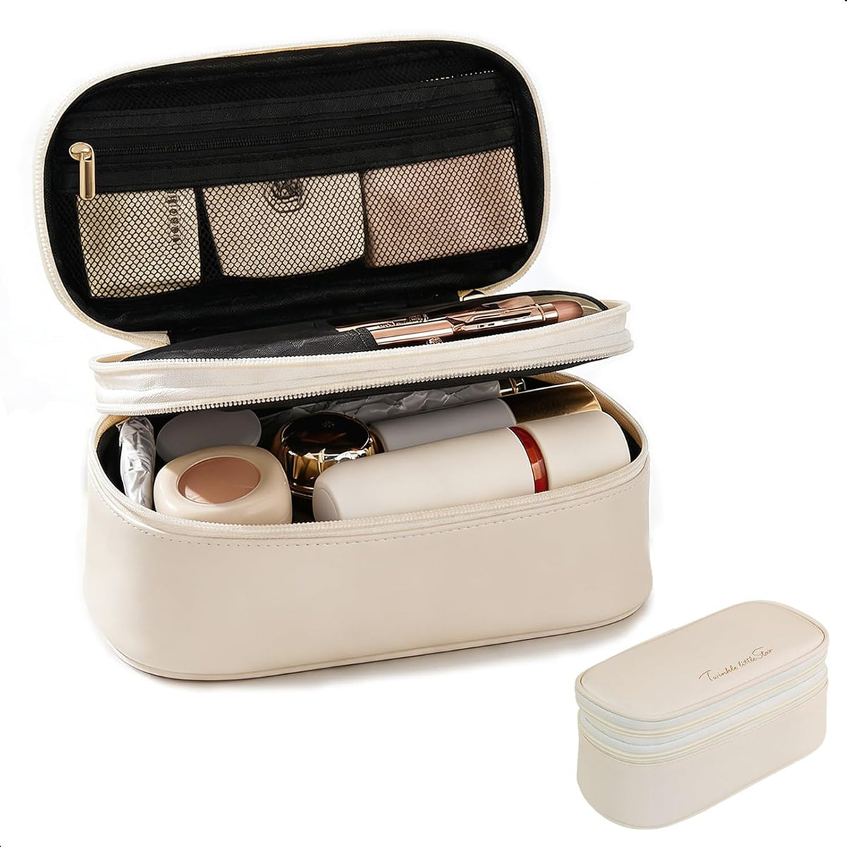 Makeup Bag, Double Layer Makeup Organizer, Portable Travel Cosmetic Bag, Small with Large Capacity and Divider, Easy Access (White)