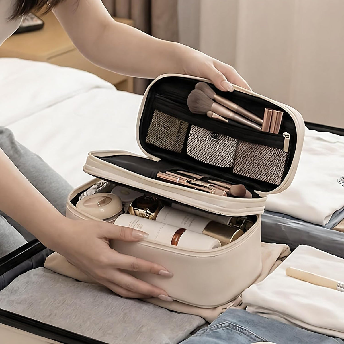 Makeup Bag, Double Layer Makeup Organizer, Portable Travel Cosmetic Bag, Small with Large Capacity and Divider, Easy Access (White)